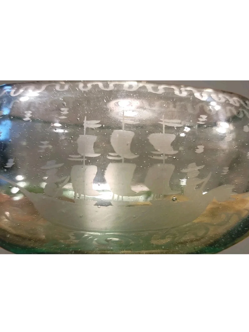Antique Glass Bowl Czechoslavovakian Hand Etched Schooner/ Oval 6